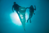 Jo Browne and Kade Mills use a cylinder cone shaped plankton net to sample gelatinous zooplankton for Coral Reef census, Lizard Island, Queensland, Australia, April 2008. Not released