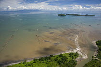 Aerial view of river mouth, coast, traditional fishing nets and islands, Camarines Sur, Pacific Coast, Luzon, Philippines 2008