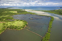 Aerial view of river mouth, coast and fish / shrimp farm, Camarines Sur, Pacific Coast, Luzon, Philippines fish or shrimp farm 2008