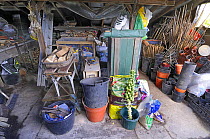 Inside a large garden shed with gardening tools and equipment, Norfolk, UK, December 2008
