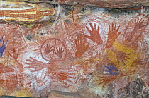 Aboriginal rock art paintings of hands and creatures at Main Art Site, Mt Borradaile,  Arnhem Land, Northern Territory, Australia
