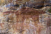 Quinkan-style Aboriginal rock art at the Mona Lisa Aboriginal Rock Art Shelter, Jowabinna Rock Art Safari Camp, Cape York, Queensland, Australia