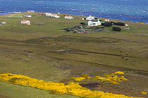 Aerials view of settlement on Pebble Island, off north coast of West Falkland, Falkland Islands