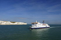 Cross-channel ferry "Pride of Burgundy" arriving at Dover, passing the white cliffs. Kent, UK