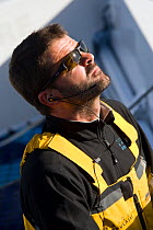 Skipper Pascal Bidegorry aboard Maxi yacht "Banque Populaire V", practicing off Cadiz, Spain. March 2009.