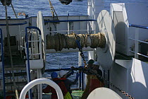 Crewmen taking turns out of twisted trawl bridles aboard a fishing trawler, North Sea, September 2008.