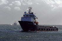 Oil rig supply vessel "Highland Citadel" approaching Peterhead Harbour, Scotland. September 2008.