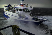 MFV coming alongside partner vessel to start pair trawling operations. North Sea, 2009. Property released.