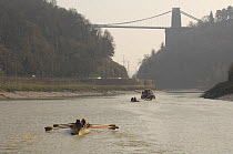 Cornish pilot gig "Young Bristol" nears the finish line of the "Bristol Challenge" race at the Clifton Suspension Bridge, on the River Avon. March 21st 2009.