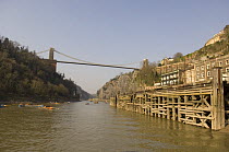Clifton Suspension Bridge and old wharf at Hotwells, Bristol, with gigs having just finished the "Bristol Challenge" race through the gorge. March 21st 2009.