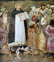 A detail from "The Triumph of the Dominicans", a fresco by Andrea di Buonaiuto (Florence, Italy). The "dogs of God" (domine-cani) destroy the wolves, symbol of heresy.