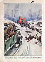 Fantasy wolf attack according to the Italian Magazine "Domenica del Corriere", January 3rd 1937. An incredible wolf pack attacked a bus and only the army could prevent all the people from being devour...