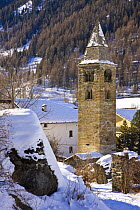 Degioz village with bell tower, Gran Paradiso NP, Valsavarenche, Aosta valley, Italian alps
