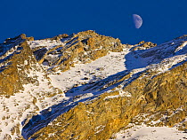 Moon over mountain landscape, Gran Paradiso NP, Valsavarenche, Aosta valley, Italian alps