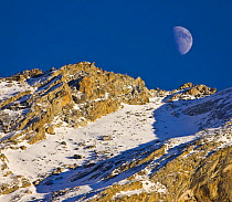 Moon over mountain landscape, Gran Paradiso NP, Valsavarenche, Aosta valley, Italian alps
