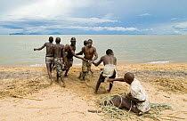 Young men and boys hauling in fishing boat half a kilometre out at Lake Malawi, Chipoka, Malawi. February 2008