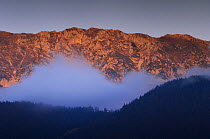 Mist in front of the Piatra Craiului massif, Piatra Craiului National Park, Transylvania, Southern Carpathian Mountains, Romania, October 2008