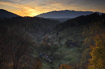 Rural landscape at dawn, Magura, Piatra Craiului National Park, Transylvania, Southern Carpathian Mountains, Romania, October 2008