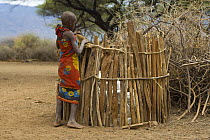 Maasai woman standing beside fenced livestock area, Laikipiac Maasai Village, Il Ngwesi Group Ranch Area, Northern Kenya *No model release available - for editorial use only