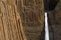 Litlanesfoss waterfall. Hengifossá river. Basalt lava solidified in hexagonal columns. Iceland. August 2008