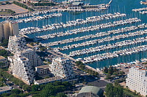 Aerial view of Grande Motte marina, a tourist complex in the Languedoc, France, June 2008