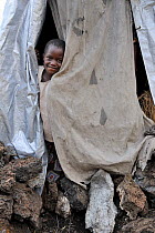 Child peering out of tent at the refugee camp Mugunga 1, west of Goma, North Kivu, Democratic Republic of Congo, Africa, March 2009