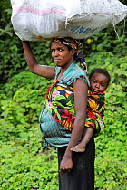 Pregnant woman with child carrying heavy sack of  cabbages to market, Kibati, North Kivu, Democratic Republic of Congo, Africa, March 2009