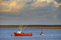 Red fishing boat in tidal estuary, Nofolk UK, october,
