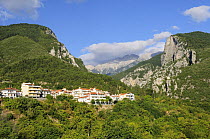 View of Mount Olympus, Greece, with town of Litochoro in foreground.