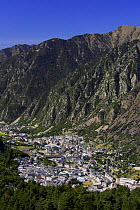 Andorra la Vella, Escaldes and Engordany villages with Garroi peak in the background seen from Engolasters, Pyrenees, Andorra, September