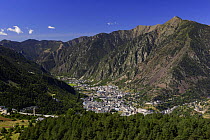 Andorra la Vella, Escaldes and Engordany villages with Garroi peak in the background seen from Engolasters, Pyrenees, Andorra, September