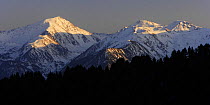 Mountain peaks with snow in Madriu Valley seen from Arinsal, Madriu-Perafita-Claror Valley World Heritage Area, Andorra, February