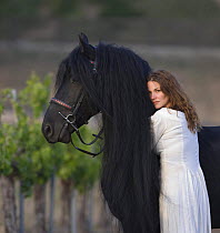 Woman with purebred black Friesian stallion, Ojai, California, USA   Model released