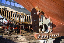 Propeller of trawler under construction in boatyard, Essaouira, Morocco. November 2008.