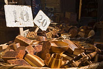 Wooden crafts for sale in Essaouira medina, Morocco. November 2008.