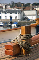 Bowsprit and post with ropes on foredeck of Bristol Pilot Cutter "Morwenna" moored in Bristol Floating Harbour, UK. April 2009.