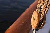 Wooden blocks aboard Bristol Pilot Cutter "Morwenna", Bristol Floating Harbour, UK. April 2009.