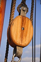 Wooden blocks aboard Bristol Pilot Cutter "Morwenna", Bristol Floating Harbour, UK. April 2009.