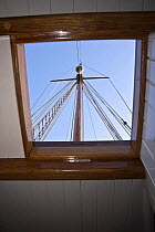 View of hatch and mast from cabin of Bristol Pilot Cutter "Morwenna", Bristol Floating Harbour, UK. April 2009.