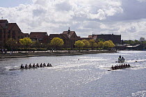 UWE / Bristol boat race (men), followed by umpires / officials boat, Bristol Floating Harbour, UK. 24th April 2009.