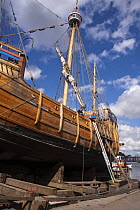 Replica of John Cabot's caravel "The Matthew", undergoing maintenance at Underfall Yard in Bristol's Floating Harbour, UK. April 2009.
