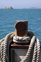 Ropes around bollard on Passenger ferry "Meridian", Isles of Scilly, UK. May 2009.