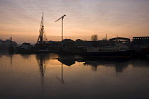 Sunrise over the SS "Great Britain" and "The Mathew" replica ship, on Bristol Floating Harbour, frozen over in January, 2009.