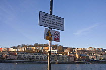 "This land is not a dedicated right of way", "Danger" and "No Swimming" signs on Bristol Floating Habour, February 2009.