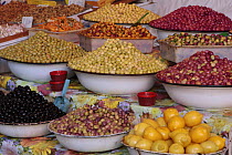 Olives for sale in shop in market, Meknes, Morocco, March 2009