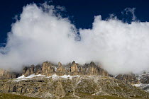 East-side of the Sella Group in clouds, Dolomite Alps, Italy, September 2008