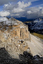 Mountain ridge in the Sella group, seen from Sas de Pordoi eastwards, fresh fallen snow, Dolomite Alps, Italy, September 2008