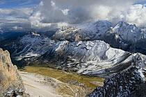 Marmolada Massif with the highest peaks in the Dolomite Alps covered with fresh fallen snow, seen from Sas de Pordoi, Dolomite Alps, Italy, September 2008