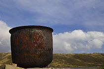 Trypot from the sealing days when seals and penguins would be cooked to harvest the fat, Port Howard, Northern end of West Falkland, Falkland Islands