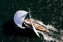 The premier of J-Class yacht "Hanuman," sailing downwind under spinnaker in the Newport Bucket Regatta, July 2009, Rhode Island, USA.